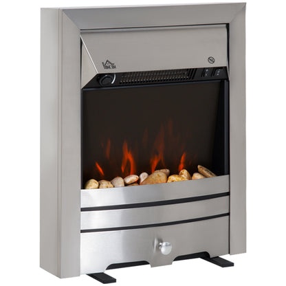 Electric Fireplace Stainless Steel 2KW Heater LED Fire Flame Silver