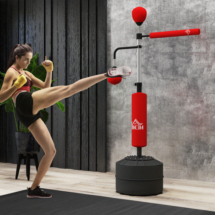 3-in-1 Boxing Punching Bag Free Standing with 2 Speed Balls, 360° Relax Bar, PU-Wrapped Boxing Bag and Fillable Base, 160-230cm Adjustable Height, Red