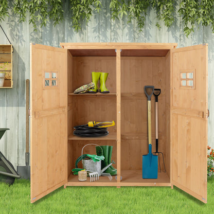 Wooden Garden Storage Shed Tool Cabinet Organiser with Shelves, Two Windows- Natural
