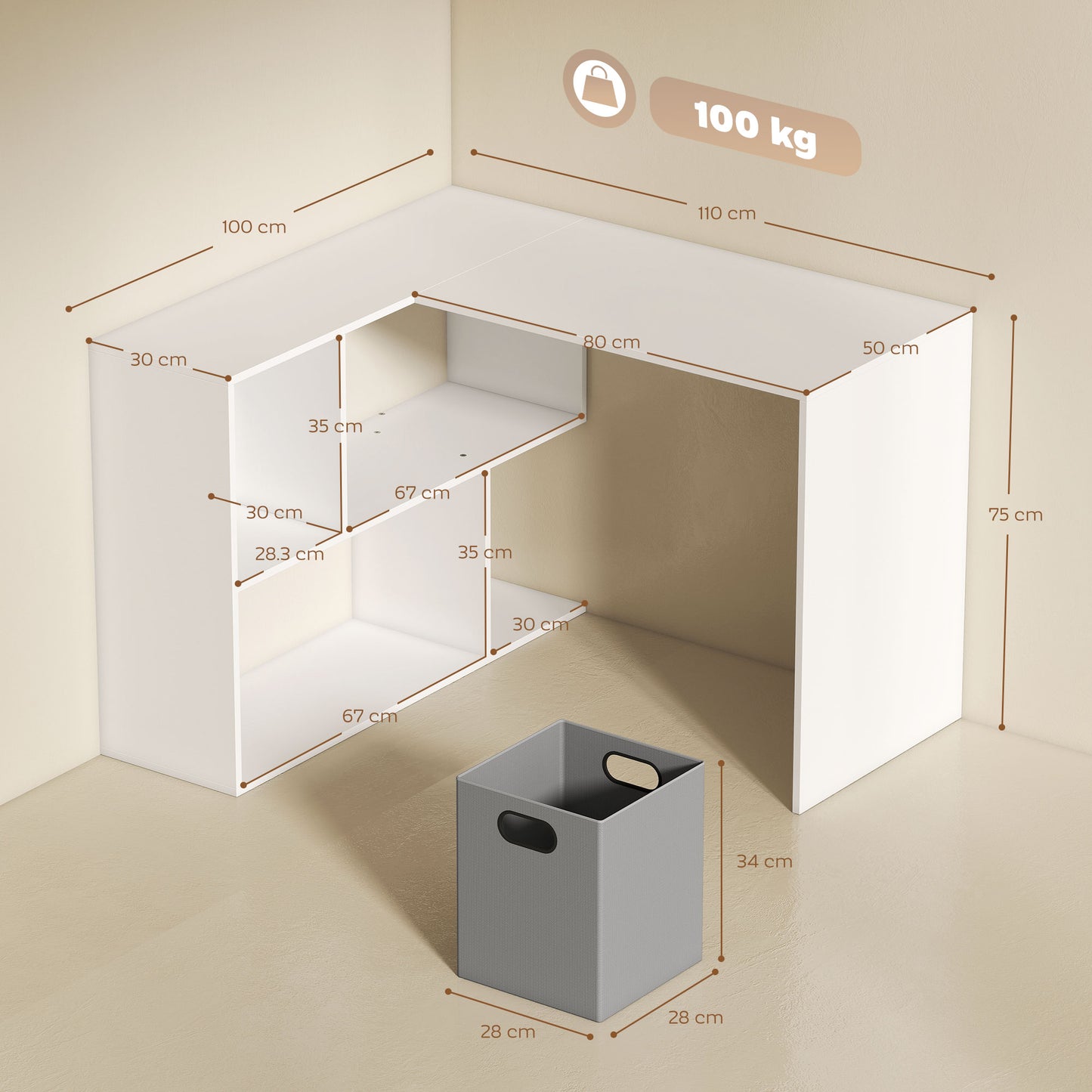 L Shaped Computer Desk, 110 x 100cm Reversible Corner Desk, White