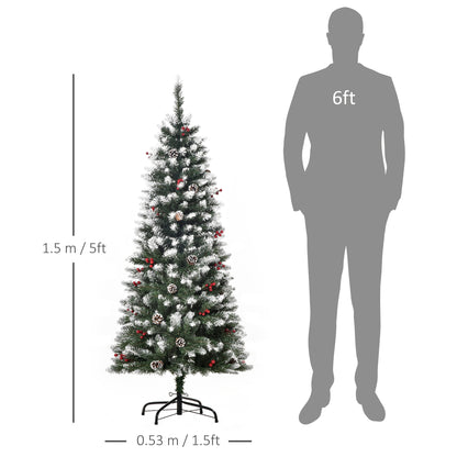 5ft Snow-Flecked Artificial Christmas Tree with Red Berries, Pinecones & 408 Tips
