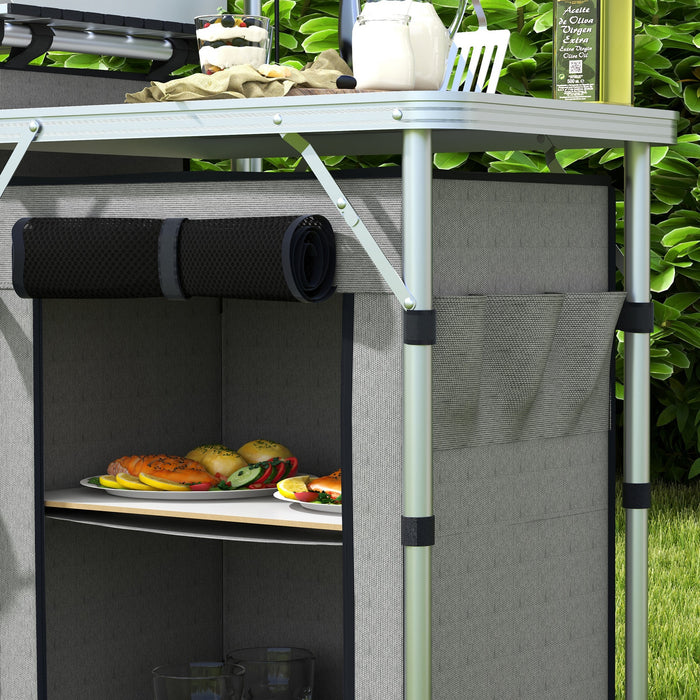 Folding Camping Kitchen, Portable Aluminium Camping Table w/ 3 Fabric Cupboards, Windshield, Stand, Carrying Bag for BBQ, RV