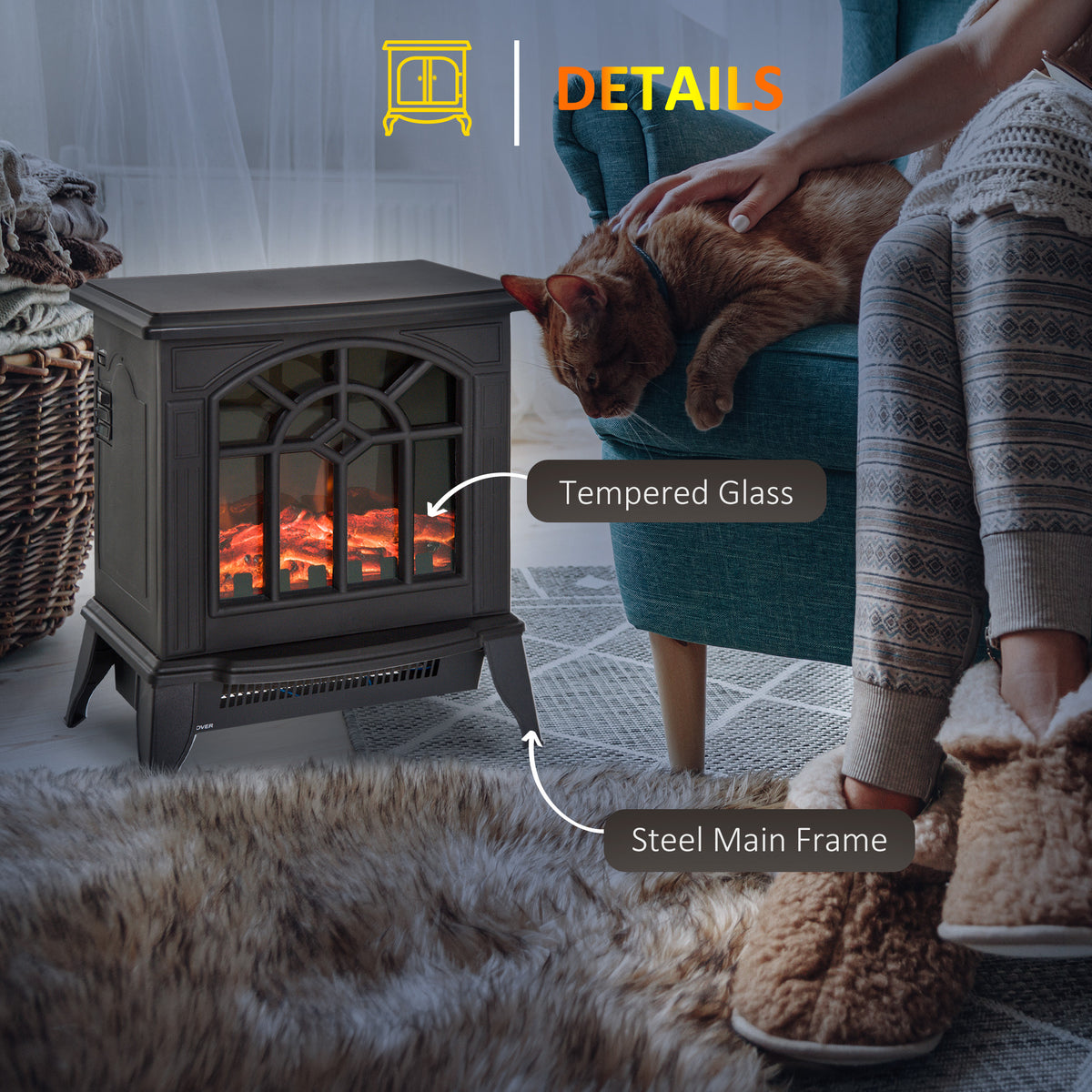 Freestanding Electric Fireplace Heater w/ LED Flame 1000W/2000W Black
