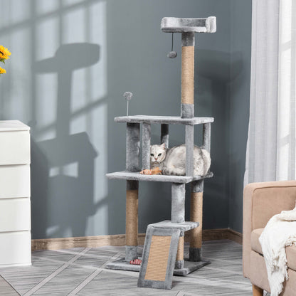 Cat Tree Tower for Indoor Cats 142cm Climbing Kitten Activity Center with Jute Scratching Post Board Perch Roomy Condo Removable Felt Hanging Toy, Grey