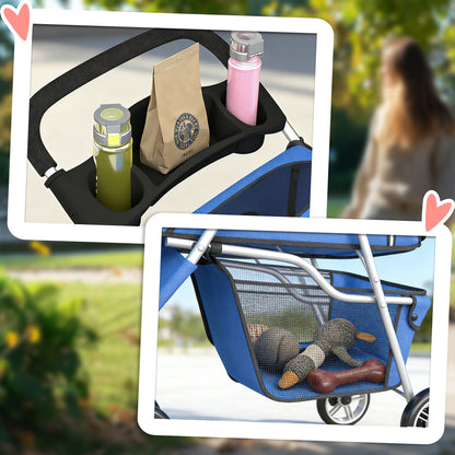 Pet Stroller Pushchair Carrier for Cat Puppy with 3 Wheels Blue