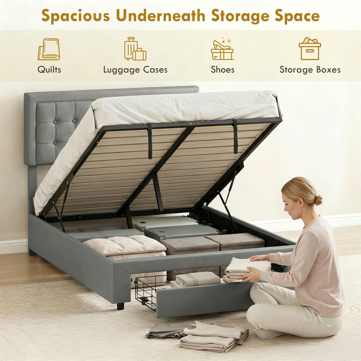 PU Leather King Bed Frame with Storage and Adjustable Headboard, Grey