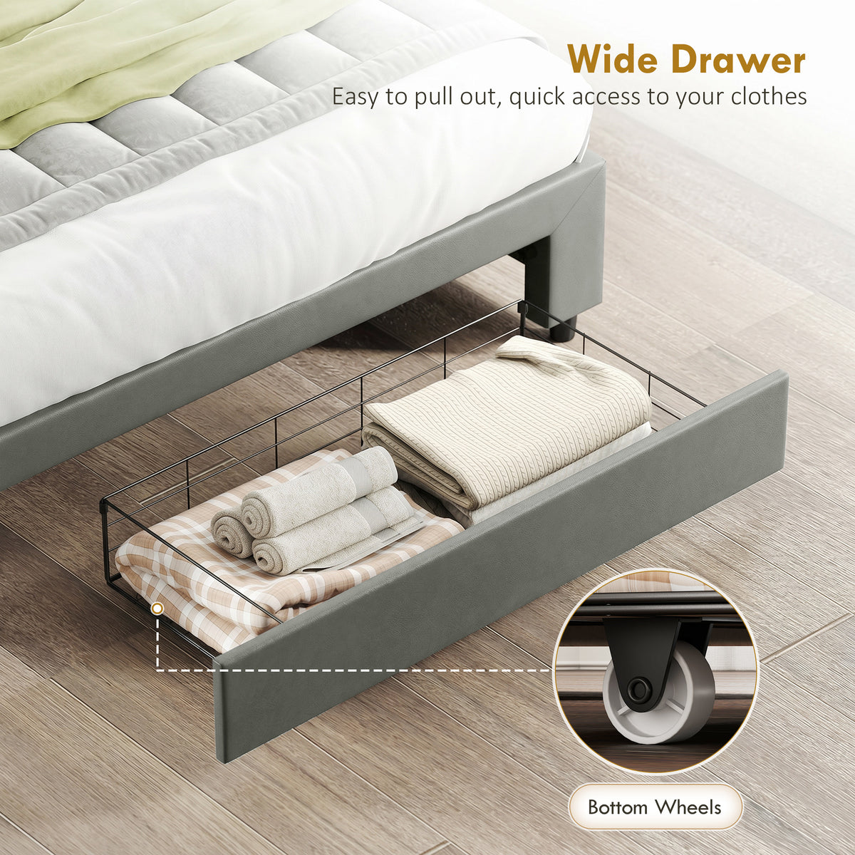 PU Leather King Bed Frame with Storage and Adjustable Headboard, Grey