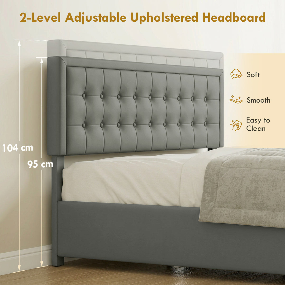 PU Leather King Bed Frame with Storage and Adjustable Headboard, Grey
