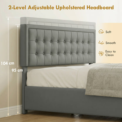 PU Leather King Bed Frame with Storage and Adjustable Headboard, Grey