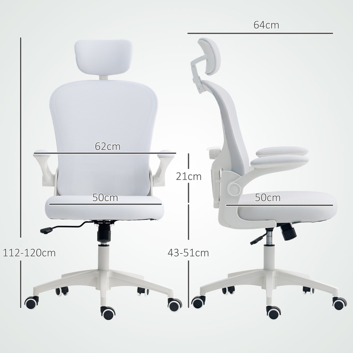 Mesh Chair with Headrest, 4D Lumbar Support, Flip-up Arm, White