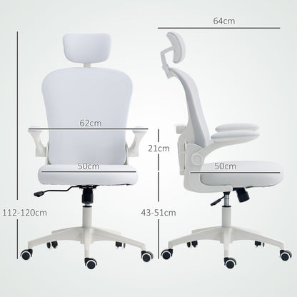 Mesh Chair with Headrest, 4D Lumbar Support, Flip-up Arm, White