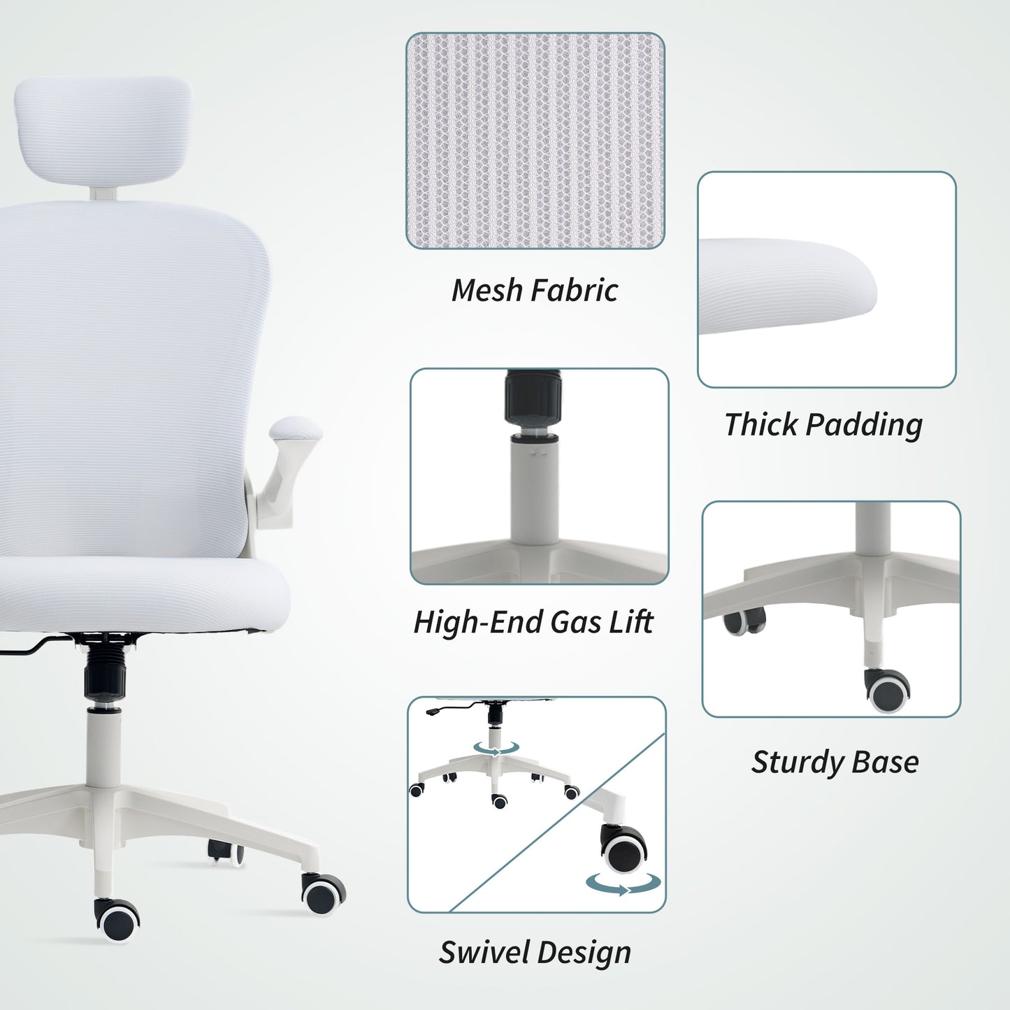 Mesh Chair with Headrest, 4D Lumbar Support, Flip-up Arm, White