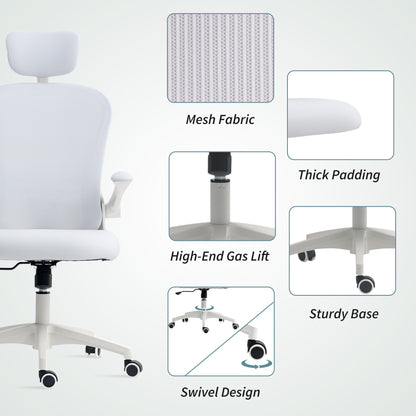 Mesh Chair with Headrest, 4D Lumbar Support, Flip-up Arm, White