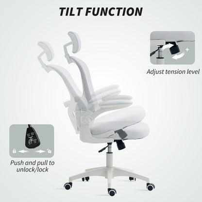 Mesh Chair with Headrest, 4D Lumbar Support, Flip-up Arm, White