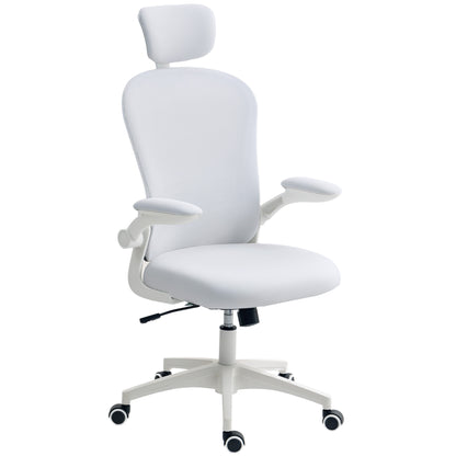 Mesh Chair with Headrest, 4D Lumbar Support, Flip-up Arm, White