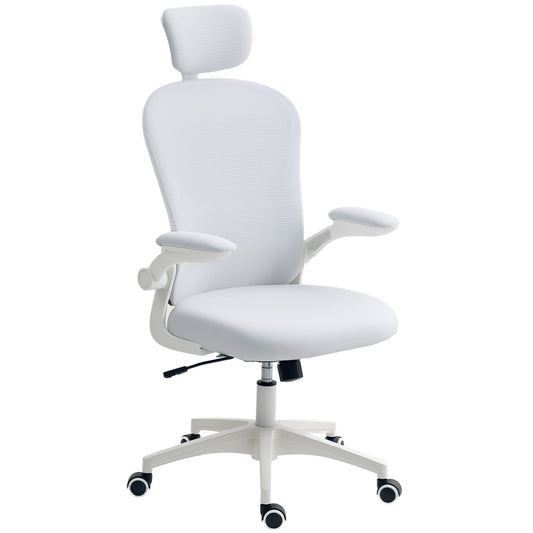Mesh Chair with Headrest, 4D Lumbar Support, Flip-up Arm, White