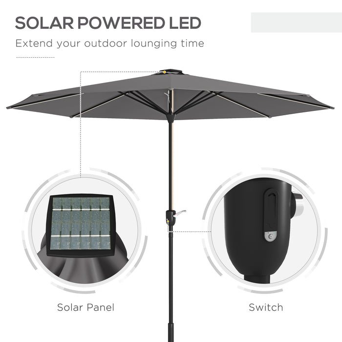 Garden Parasol with LED Lights, Solar Charged Patio Umbrella with Crank Handle, for Outdoor, Charcoal Grey