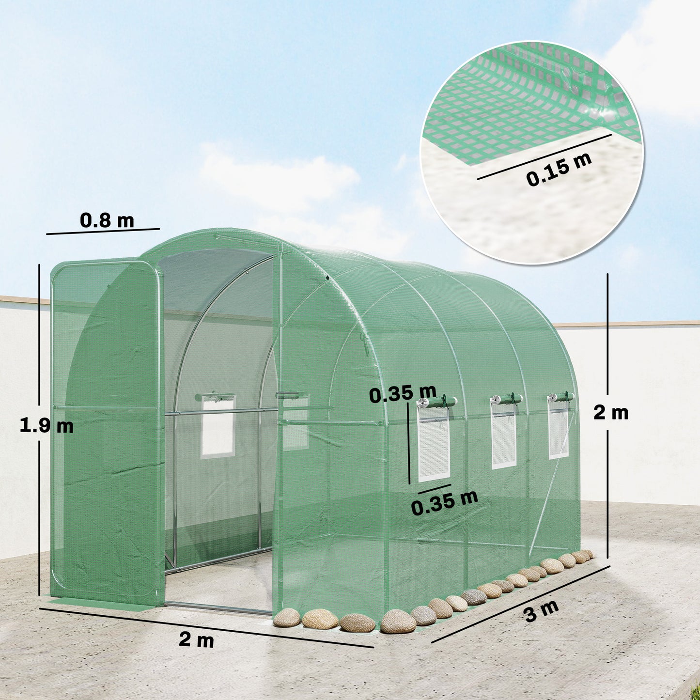 2 x 3 m Walk-in Polytunnel Greenhouse with 6 Windows, Garden Tunnel