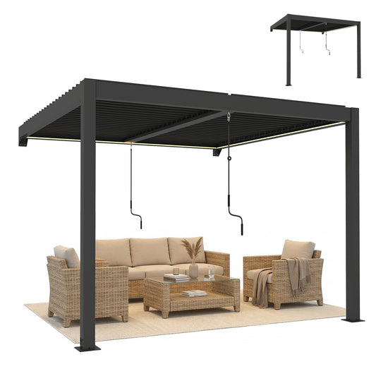 3 x 3 m Louvered Pergola with LED Lights, Metal Louvres, Dark Grey