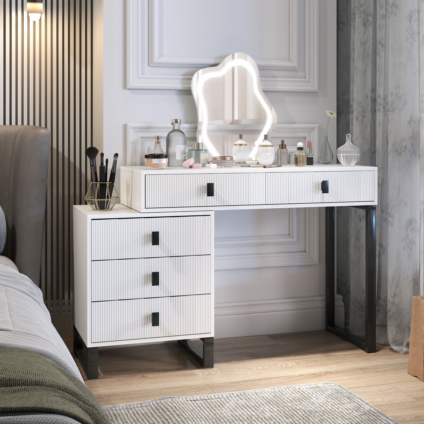 Dressing Table with LED Leaf Shape Mirror and 5 Drawers, White