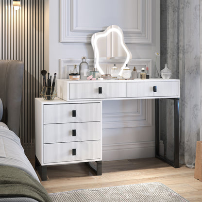 Dressing Table with LED Leaf Shape Mirror and 5 Drawers, White