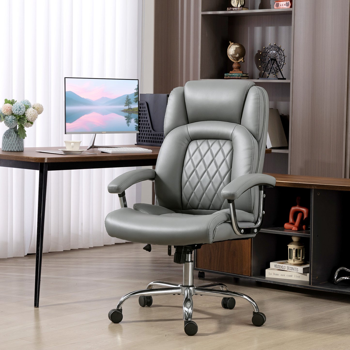 Office Chair 180kg, High Back Desk Chair with Spring Cushion, Grey