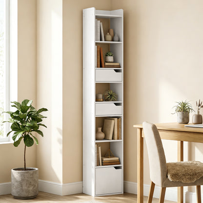 Bookcase with Drawers and Cabinet, 5-Tier Bookshelf, Narrow Tall Storage Cabinet with Anti-Tip for Living Room, Study, Home Office, White Wood Effect