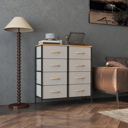 8 Drawer Fabric Chest of Drawers w/ Wooden Top for Hallway Cream