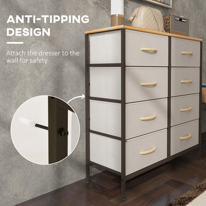 8 Drawer Fabric Chest of Drawers w/ Wooden Top for Hallway Cream