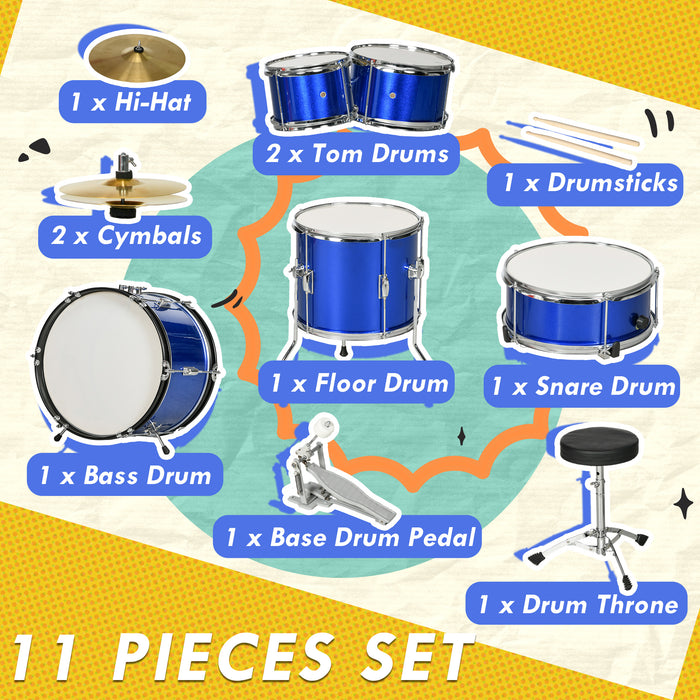 11 Piece Junior Drum Set for Kids with Stool, Drumsticks, Blue