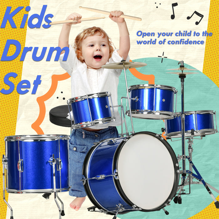 11 Piece Junior Drum Set for Kids with Stool, Drumsticks, Blue