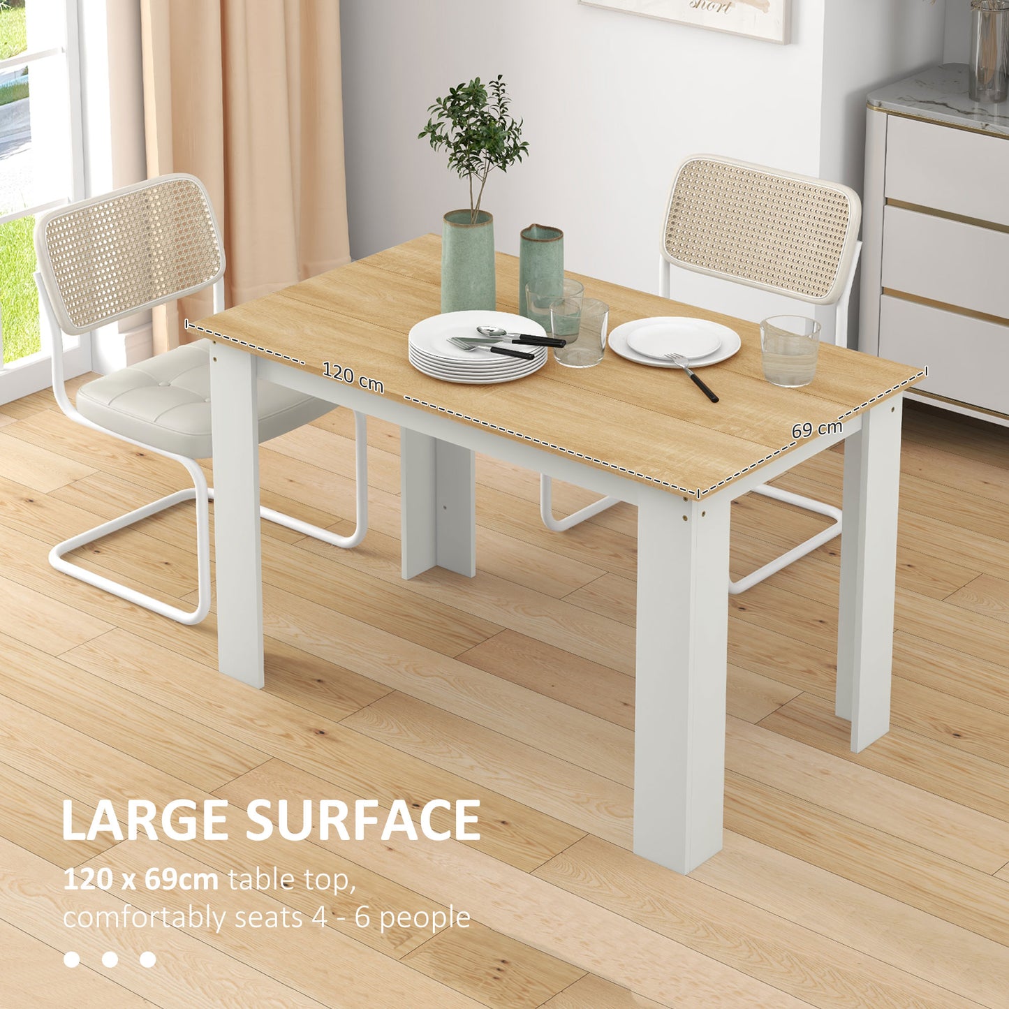 Dining Table for 4-6 People, Wood Effect Tabletop, Oak & White