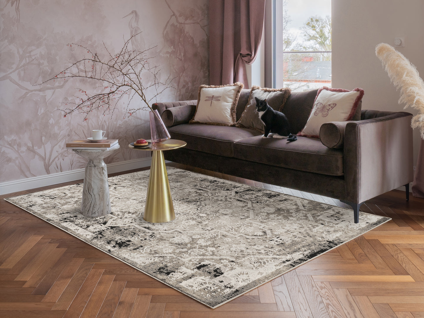 Mayfair Living Room Area Rug Metallic Sheen Contemporary Modern Damask Design