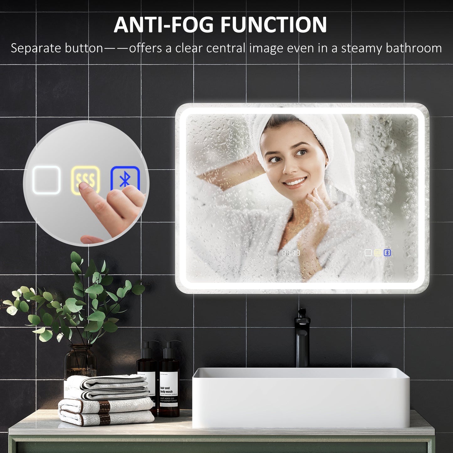 600 x 800 mm Illuminated Bathroom Mirror with Bluetooth Clock Silver