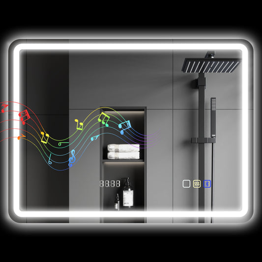 600 x 800 mm Illuminated Bathroom Mirror with Bluetooth Clock Silver