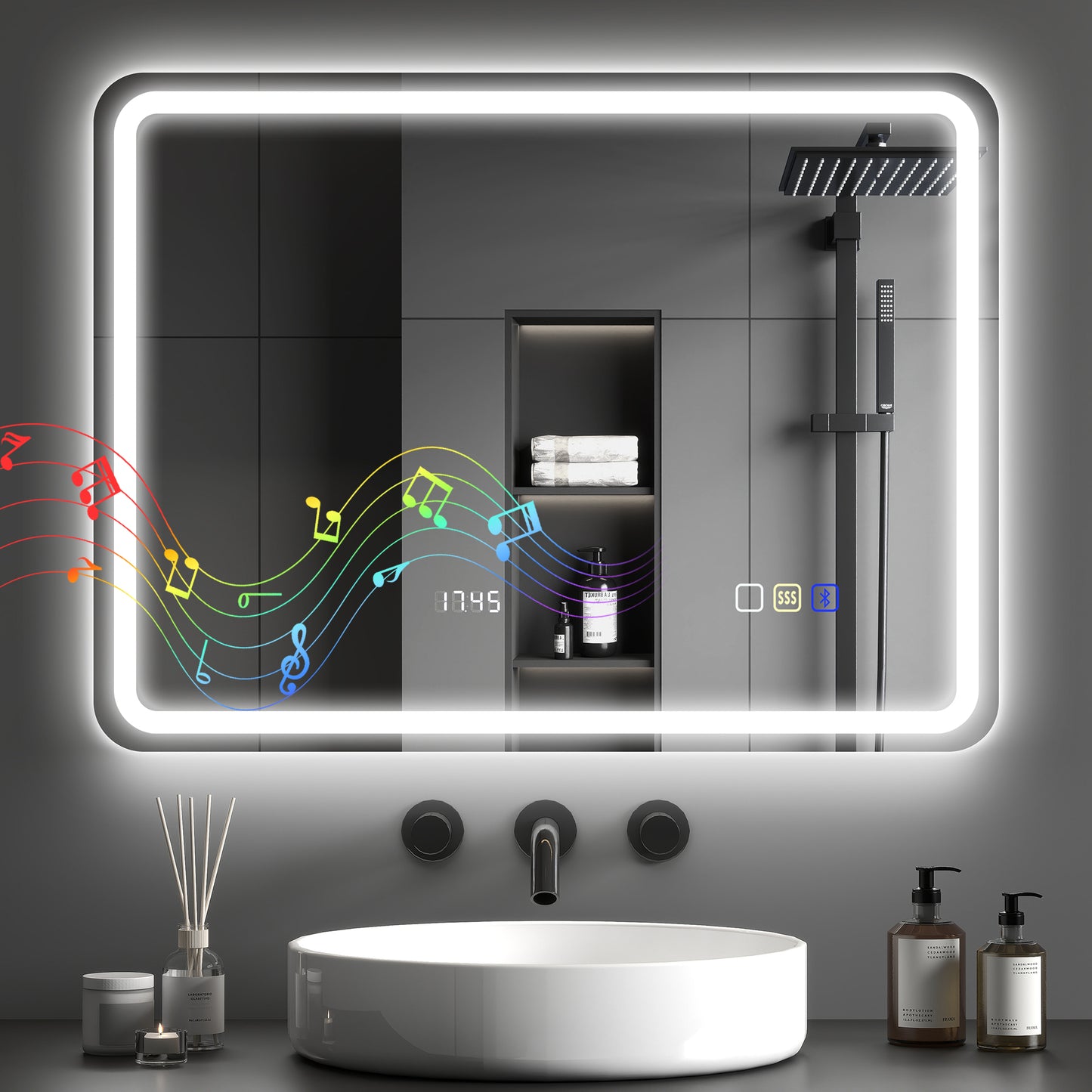 600 x 800 mm Illuminated Bathroom Mirror with Bluetooth Clock Silver