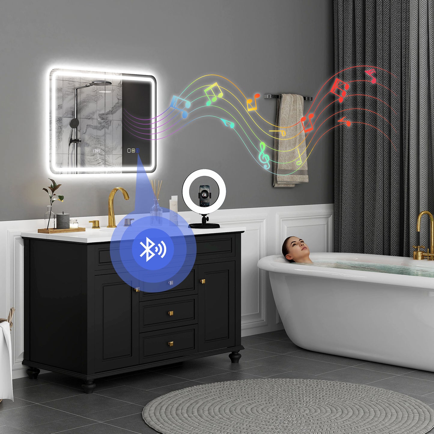600 x 800 mm Illuminated Bathroom Mirror with Bluetooth Clock Silver