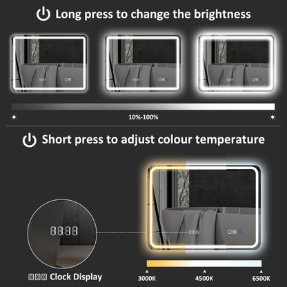 600 x 800 mm Illuminated Bathroom Mirror with Bluetooth Clock Silver