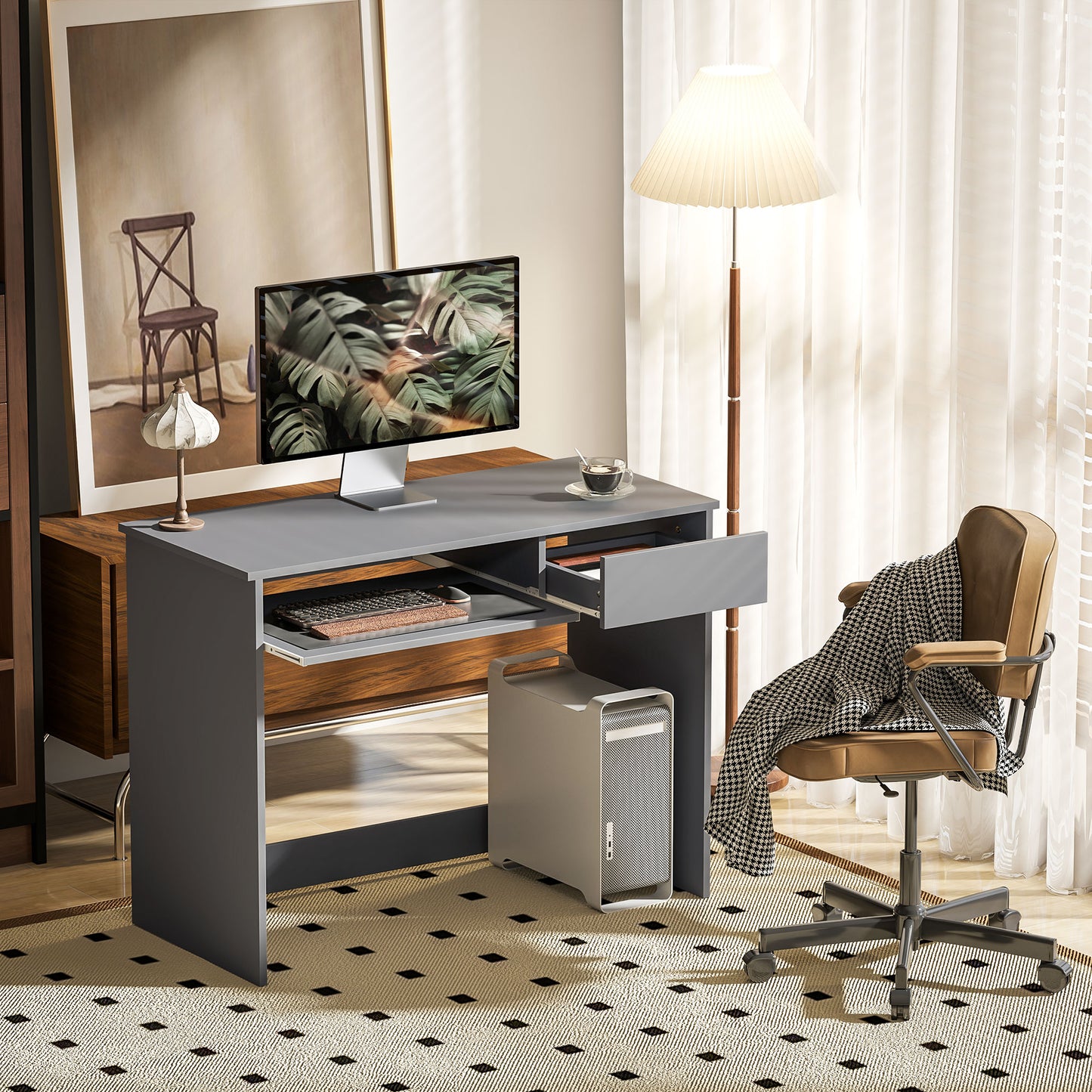 Compact Computer Table with Keyboard Tray and Drawer, Grey