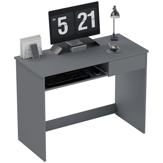 Compact Computer Table with Keyboard Tray and Drawer, Grey