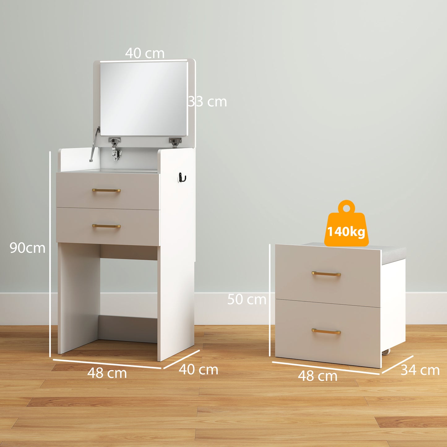 3 in 1 Dressing Table Vanity Desk with Mirror and Cushioned Stool