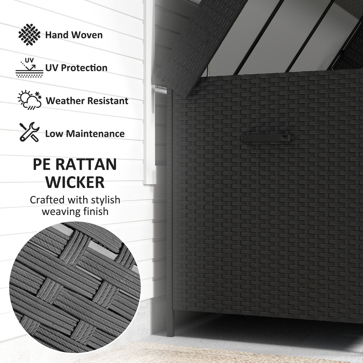 627 L Rattan Garden Storage Box with Gas Lift Lid and Wheels, Black