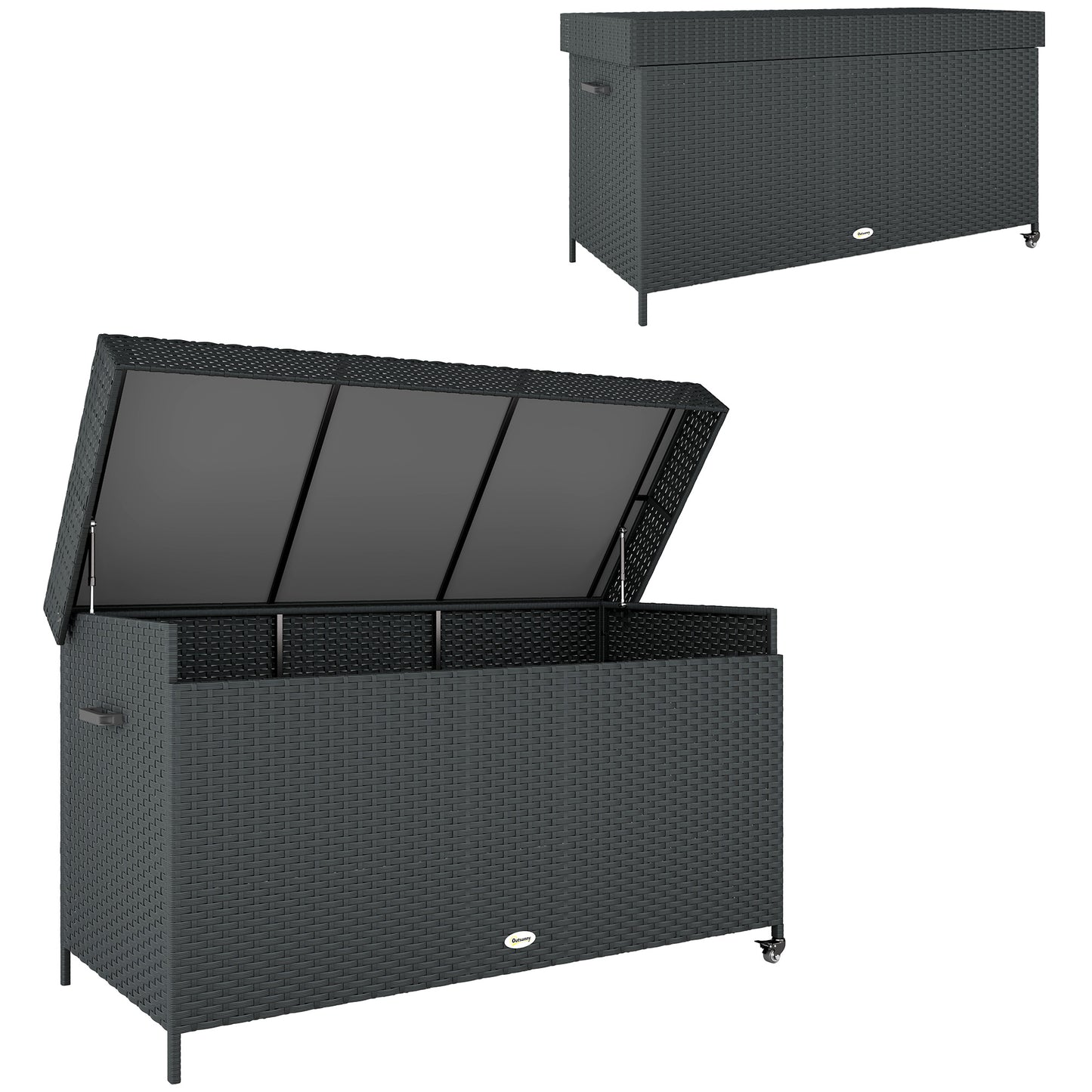627 L Rattan Garden Storage Box with Gas Lift Lid and Wheels, Black