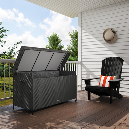 627 L Rattan Garden Storage Box with Gas Lift Lid and Wheels, Black