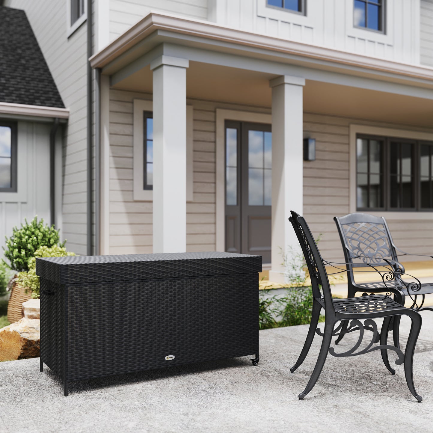 627 L Rattan Garden Storage Box with Gas Lift Lid and Wheels, Black
