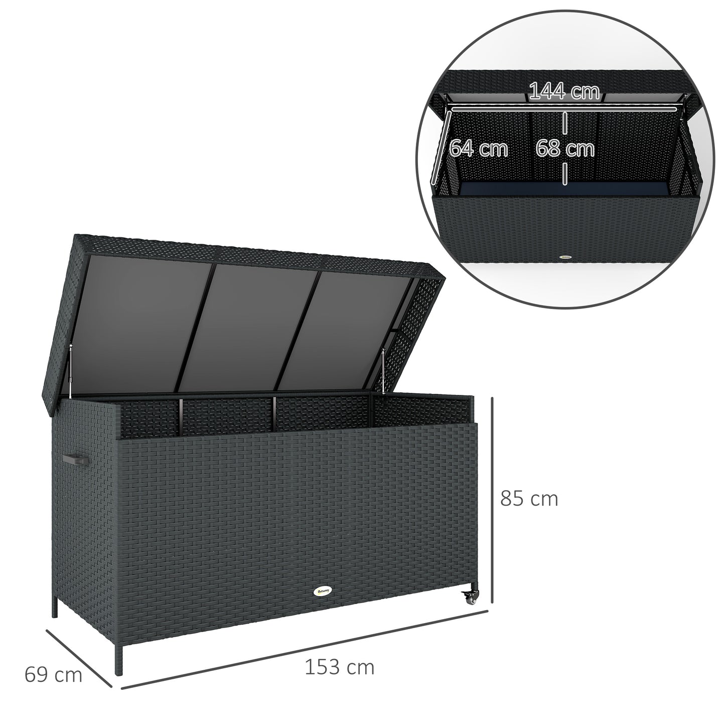 627 L Rattan Garden Storage Box with Gas Lift Lid and Wheels, Black
