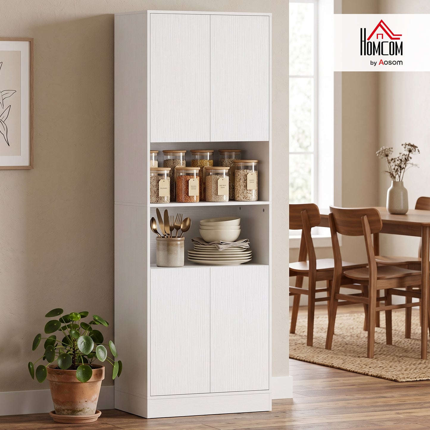 170cm Kitchen Pantry Cabinet with Soft-Close Hinges, White Wood Effect