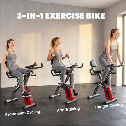 3-In-1 Folding Exercise Bike with Resistance Bands, Indoor Stationary Bike with Bluetooth App, Quiet 8-Level Magnetic Resistance, LCD Display, Pulse Sensor, Adjustable Seat, Wheels, Red