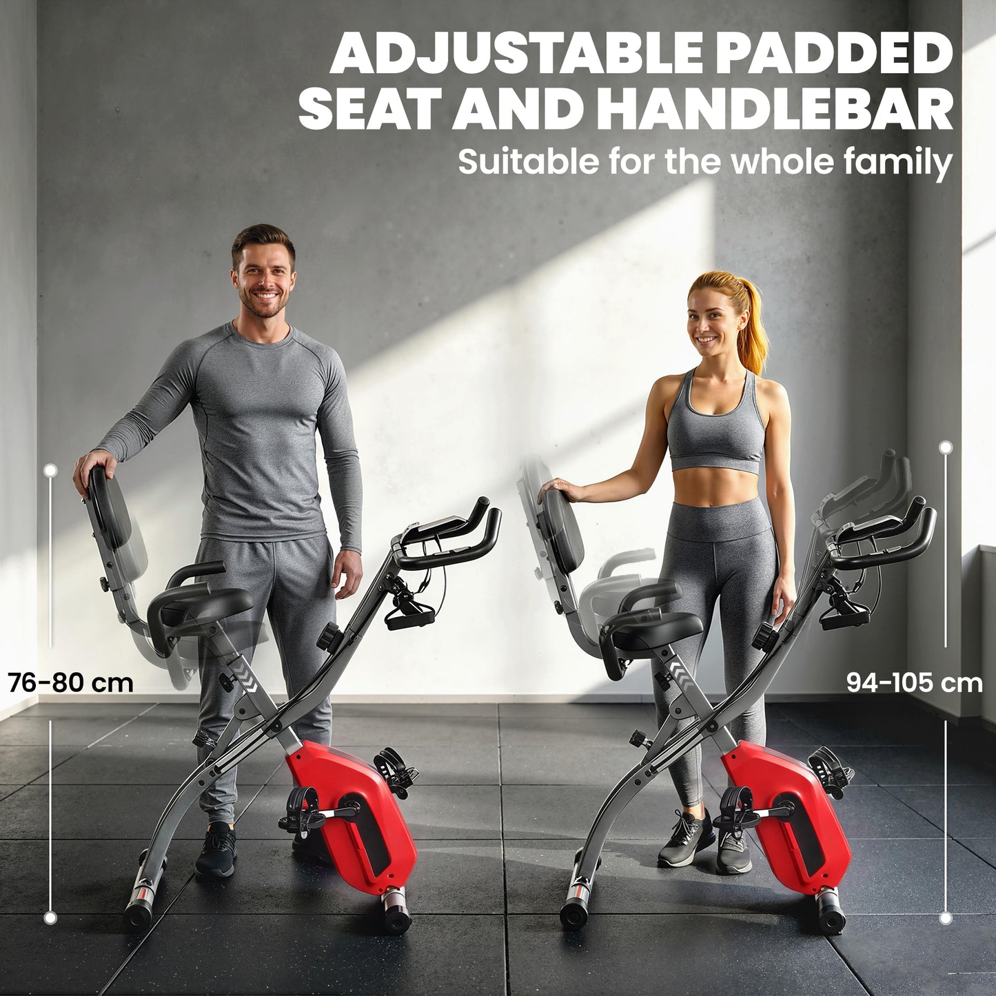 3-In-1 Folding Exercise Bike with Resistance Bands, Indoor Stationary Bike with Bluetooth App, Quiet 8-Level Magnetic Resistance, LCD Display, Pulse Sensor, Adjustable Seat, Wheels, Red