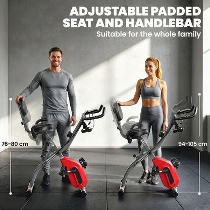 3-In-1 Folding Exercise Bike with Resistance Bands, Indoor Stationary Bike with Bluetooth App, Quiet 8-Level Magnetic Resistance, LCD Display, Pulse Sensor, Adjustable Seat, Wheels, Red